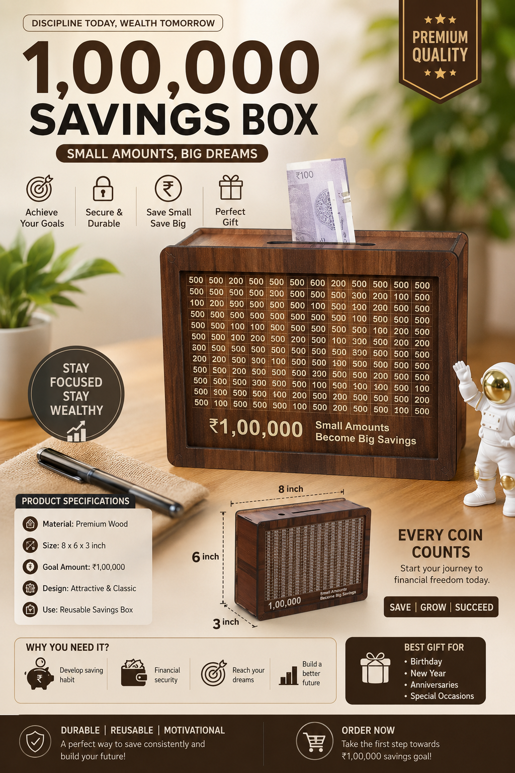 ₹1,00,000 Money Saving Challenge Box | Wooden Savings Box